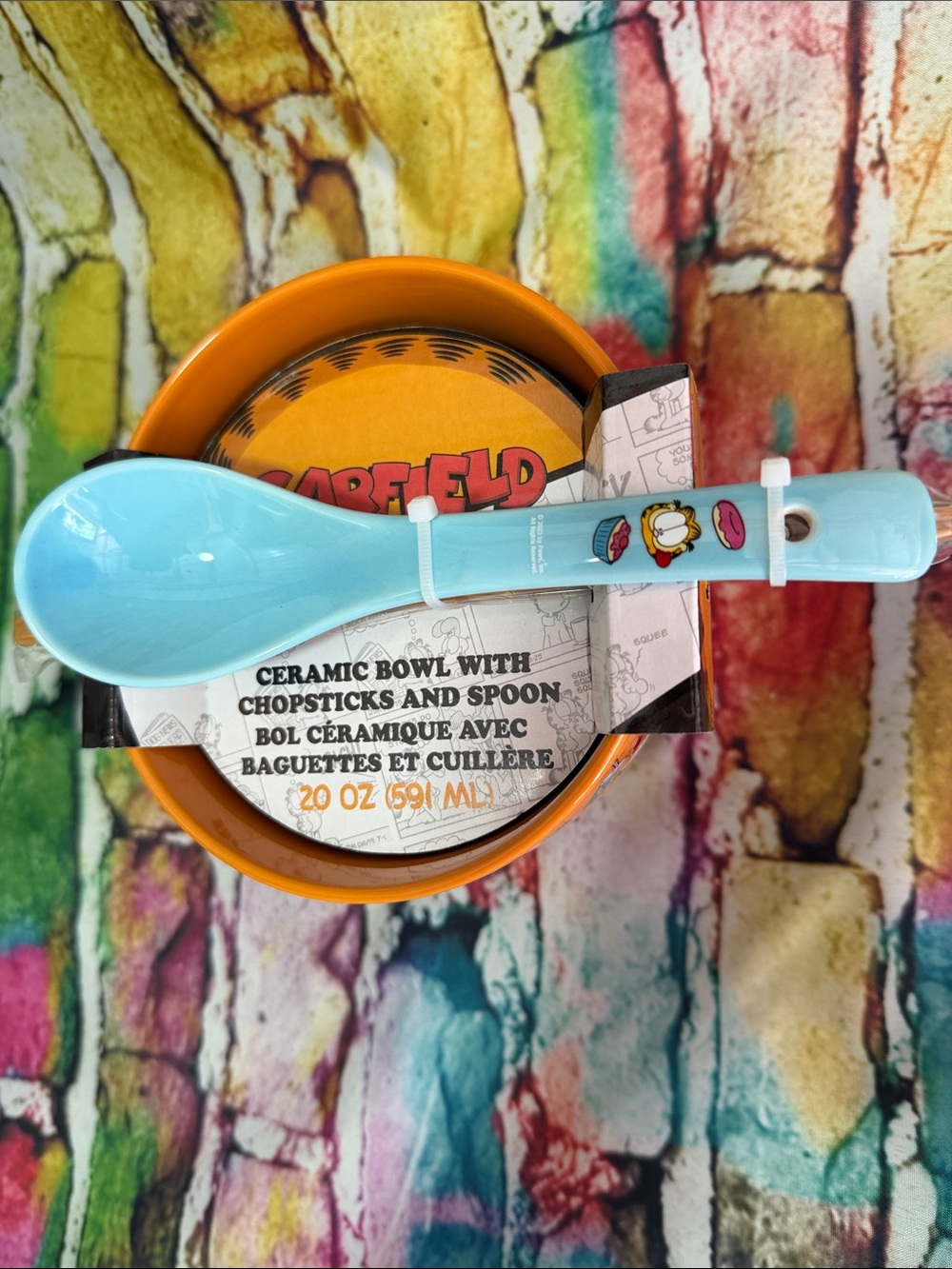 Garfield Ceramic Bowl & Spoon Set - Orange Bowl with Light Blue Spoon